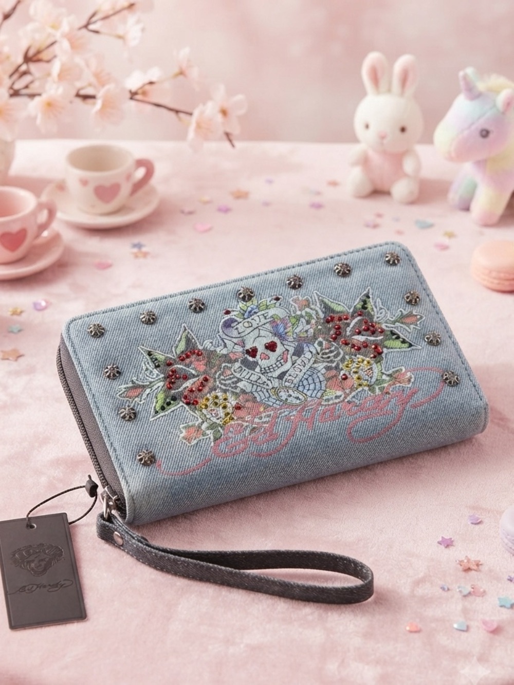 Ed Hardy  Denim  Double Zipe Wristlet Wallet with Skull and Rhinestones NWT